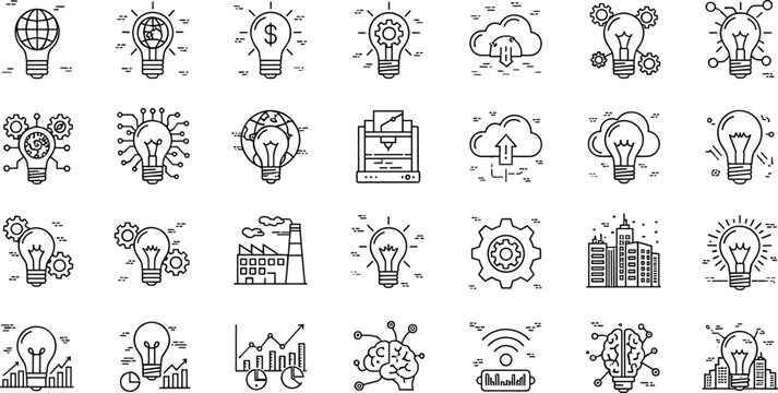 Modern innovation and business strategy vector icon set featuring technology analytics creativity and smart solution concepts