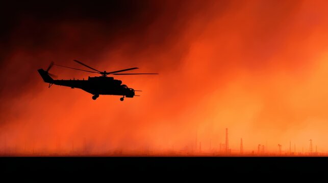 Military helicopter silhouette flying over burning oil wells