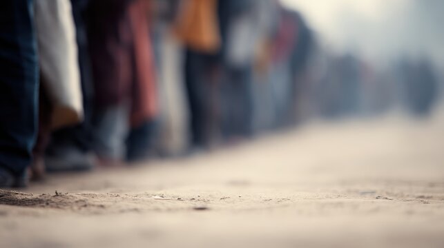 people standing in long queue outside food distribution center, humanitarian crisis concept