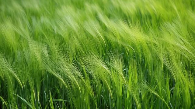 Dynamic close-up of vibrant green wheat or barley stalks swaying gently in the wind, creating a beautiful natural pattern and evoking a sense of serenity and growth in nature