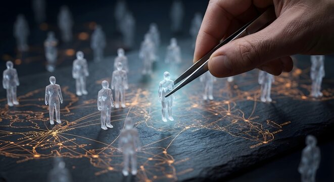 Hand using tweezers to pick up tiny clear human figurine from illuminated world map with interconnected glowing lines, concept of global network population or data management