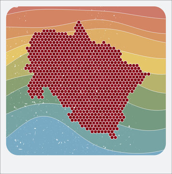Uttarakhand, India vintage logo. Hexagon dots shape of the state on retro colored stripe waves background. Uttarakhand, India map design with grunge scratch texture. Vector Illustration.