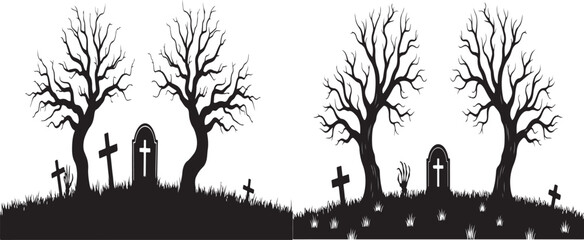 Obraz premium Black silhouette of a spooky graveyard with bare trees and crosses on a white background