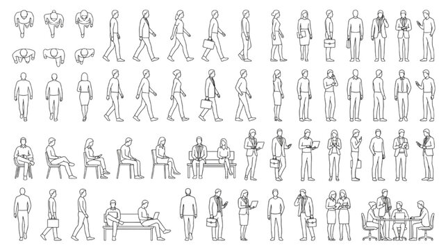 Comprehensive vector collection of diverse human figures for architectural CAD drawings, presenting people in various poses and activities essential for design projects and visualization
