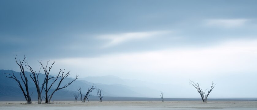 dead trees in dry lakebed environmental disaster scene