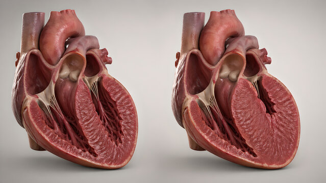 3D anatomical: Left ventricular cutaway, asymmetric septal hypertrophy, thickened interventricular septum narrowing LV 