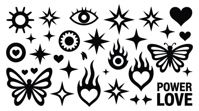 Black and white power and love symbolic collection with stars hearts flames eyes