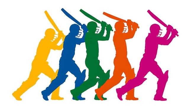 Colorful cricket player silhouettes in action poses with modern sports illustration concept