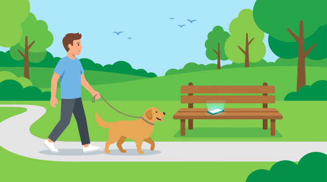 A young man walking his golden retriever dog in the park.