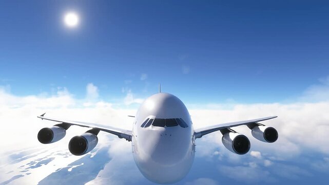 Commercial Airplane Flying High Above Clouds on a Sunny Day.