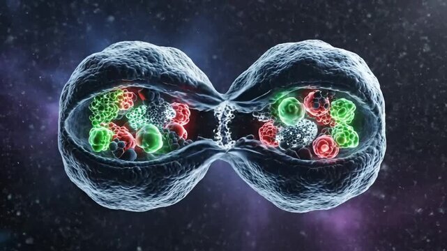 Cell division and cell replication process 3D animation showing mitosis with a cosmic background and colorful detail