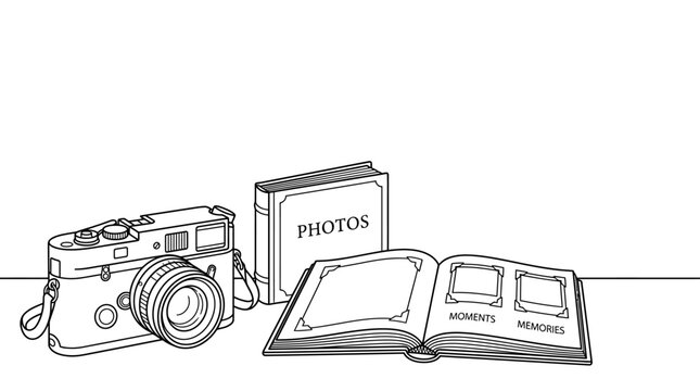Line art illustration of a vintage camera and photo album.