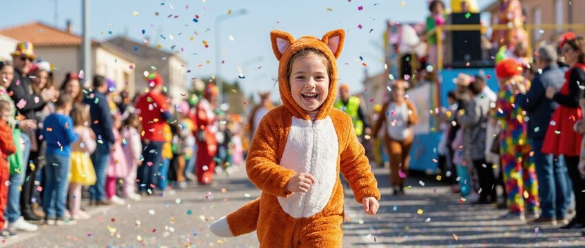 Young boy with tiger face paint roaring at street parade. children dressed as funny characters on street carnival with confetti. Celebration Wallpaper, poster.