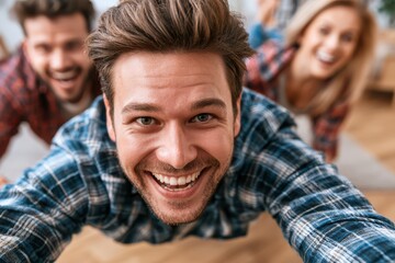 Fototapeta premium Three friends taking a fun selfie together, laughing and smiling, wearing plaid shirts indoors.