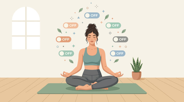 Woman meditating in lotus pose surrounded by off switch toggles representing digital detox and mental clarity.