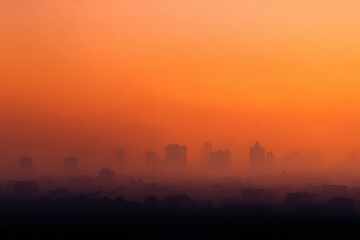 Fototapeta premium city skyline covered with thick pollution haze and orange sky from climate disaster