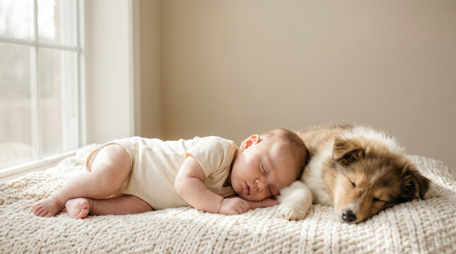 Newborn baby sleeping peacefully with loyal dog on cozy blanket near window