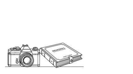 Minimalist continuous line drawing of a vintage camera and a closed photo album. © Avis_Sunani