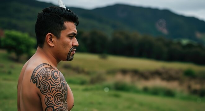 Profile portrait of Maori man with traditional ta moko tattoos. Indigenous New Zealander representing cultural heritage and warrior pride. Man outdoors in nature with copy space