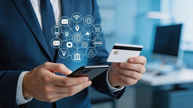 Businessman holding credit card and smartphone with digital network icons, online banking, secure payment technology, e-commerce concept in modern office environment.