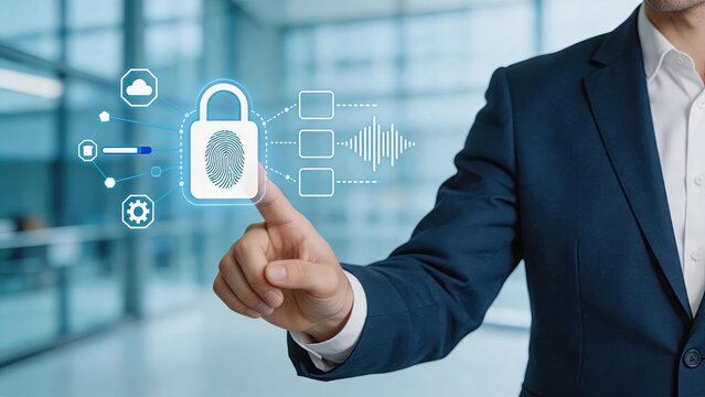 Futuristic biometric security interface with fingerprint lock icon, cyber safety concept, data protection, authentication technology, digital privacy, secure access control