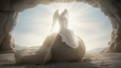 Fototapeta premium Angel sitting on rolled away stone at empty tomb. Resurrection of Jesus Christ on Easter morning. Divine light and heavenly messenger at sepulcher