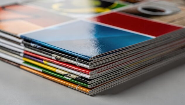 Closeup of highsheen coated catalog sheets neatly piled highlighting sharp colors and crisp text on professional brochure covers after lamination.