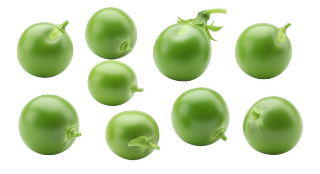 Collection of eight fresh green peas isolated on a solid black background, showing individual round vegetable spheres with stems and textures