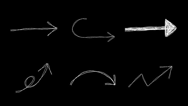 様々な種類の矢印の落書き線画イラスト。線が動く手描きのアイコン動画。ループする4Kアニメーション。カジュアルな矢印の詰め合わせ。編集しやすい黒背景のオーバーレイ素材