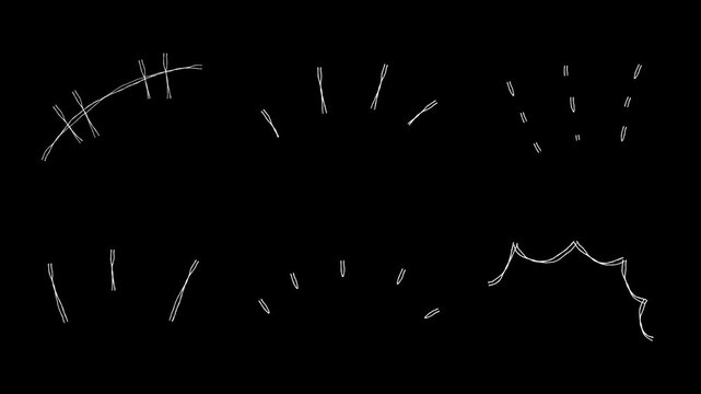 様々な漫符の落書き線画イラスト。線が動く手描きのアイコン動画。ループする4Kアニメーション。驚きや笑いのリアクションを表すマークの詰め合わせ。編集しやすい黒背景のオーバーレイ素材
