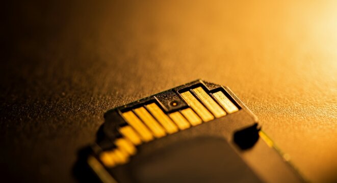 Extreme close-up focusing purely on the geometric golden contact pins of a micro-SD card.
