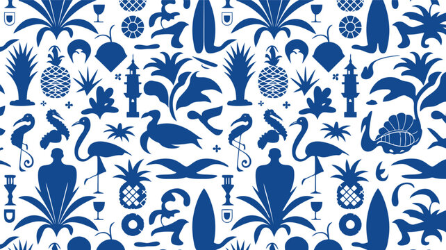 Blue and white tropical pattern with pineapples flamingos and palm trees