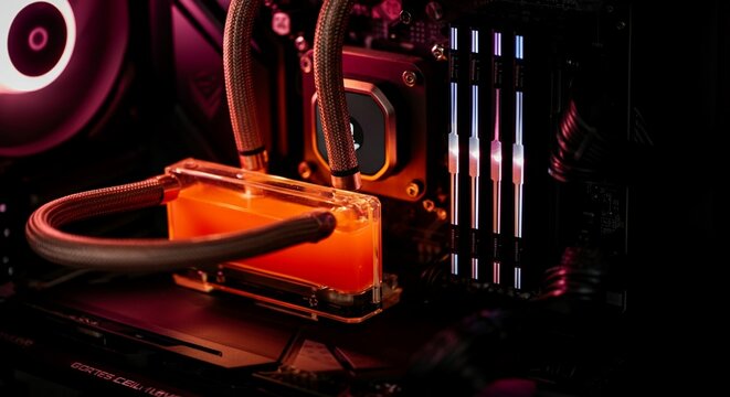 Extreme macro shot of an illuminated PC liquid cooling block with glowing orange coolant.