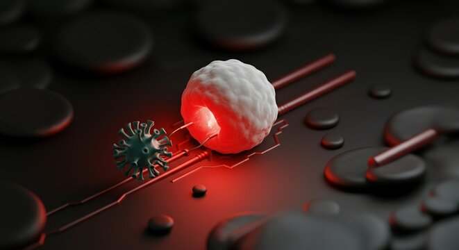 Isometric perspective of a futuristic cybernetic white blood cell hunting a virus.
