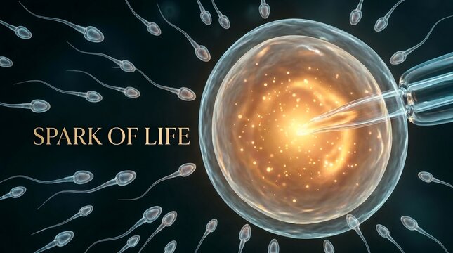 Artificial insemination of egg cell with micropipette and sperm on dark background. Spark of life. Reproductive medicine and ICSI procedure concept. Digital illustration for poster, banner 