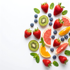 Obraz premium Fresh mixed fruit flat lay on clean white background
