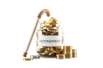 Retirement savings jar filled with gold coins beside cane showing financial planning, elderly support, long‑term investment and stable future money concept. 3D Rendering © ImageFlow