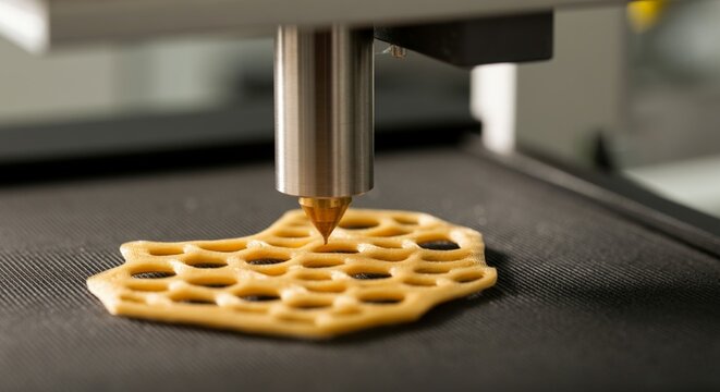 Over-the-shoulder perspective looking past a metallic nozzle at a microscopic 3D printed tissue scaffold.