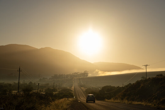 morning fog hugging farmland, Stanford, South Africa