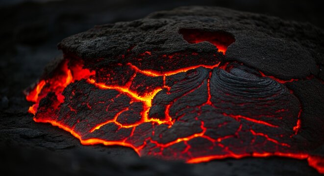 Extreme close-up focusing purely on the chaotic glowing red and black texture of cooling volcanic magma.
