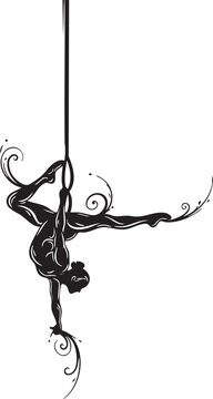 Silhouette of a female aerialist performing on a hoop with decorative swirls, Generative Ai