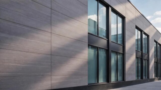 Modern Minimalist Commercial Building Facade with Dramatic Sunlight Shadows on Textured Stone Wall