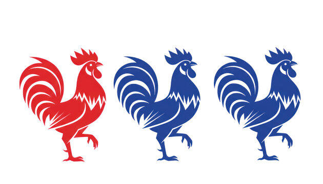 Gallic rooster icons in red and blue colors, set of 3 stylized cockerel silhouettes, traditional French national bird symbols for sports and branding isolated PNG with Transparent Background