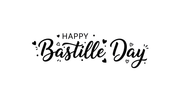 Happy Bastille Day elegant calligraphy, French National Day greeting with hand drawn hearts, minimalist black ink typography for July 14 celebration isolated PNG with Transparent Background