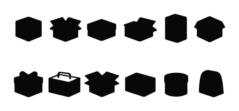 Black cardboard box silhouettes, set of 12 packaging icons, delivery parcel and gift box vector shapes for logistics and shipping design