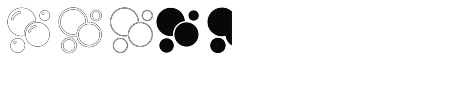 Minimalist soap bubble icons set, black and white water foam vector elements, simple circular air bubbles for laundry and cleaning design