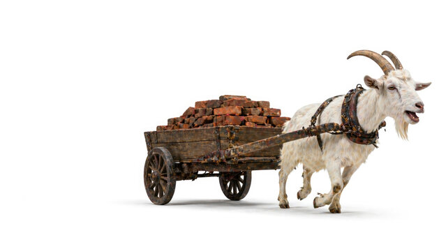 A white goat pulls a wooden cart with bricks. Space for text.