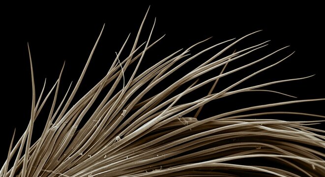 Extreme macro shot of the microscopic barbs on a single feather in monochromatic SEM style.