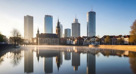 Naklejka premium City skyline reflected in calm water.