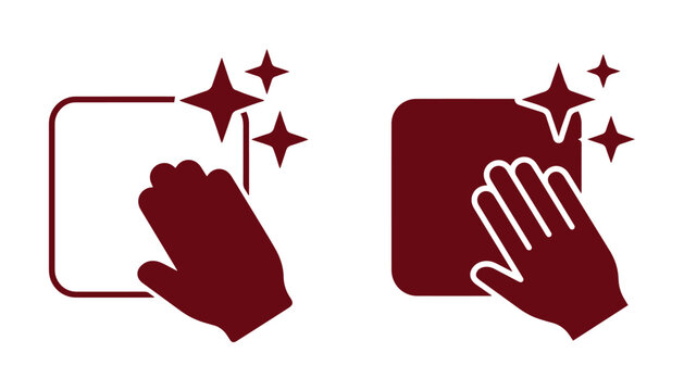 Cleaning service icons with hand wiping surface, maroon housekeeping symbols for sanitation, sparkling clean surface vector set for hygiene